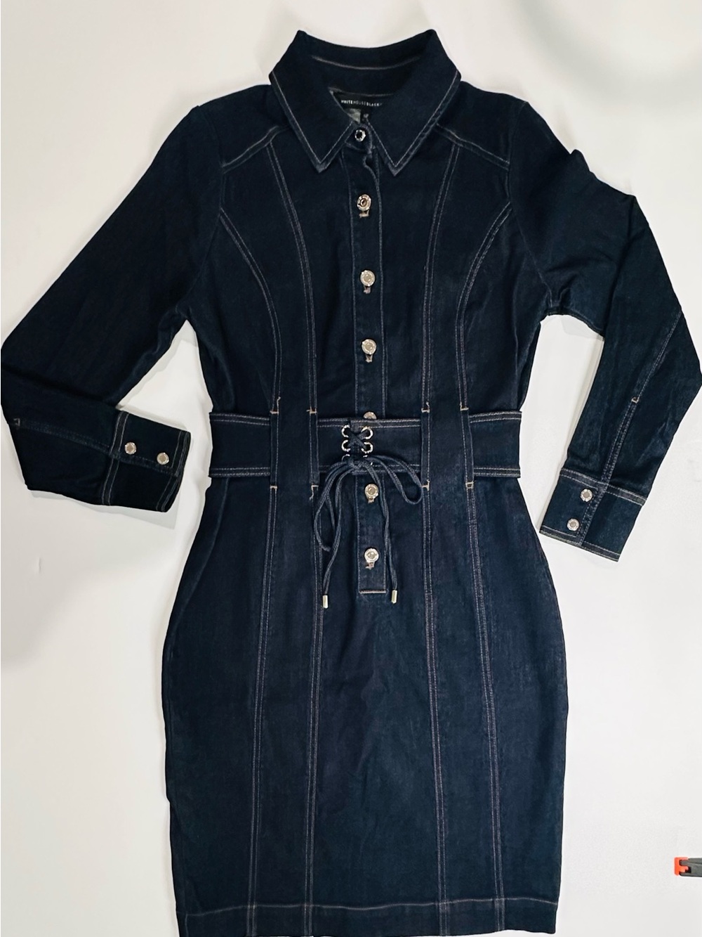 White House Black Market Denim Lace Up Shirt Dress Dark Wash Petite 6P